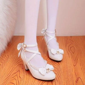 Zapatos de salón Lolita para mujer con moño Mary Jane tacones bloque tobillo correa cruzada talla - Imagen 1 de 15