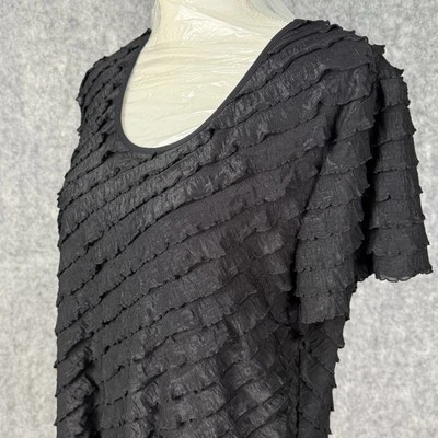 Elementz Women’s Large Top Black Textured Ruffle Blouse Sharkbite Hem Long Chic - Image 1 of 4