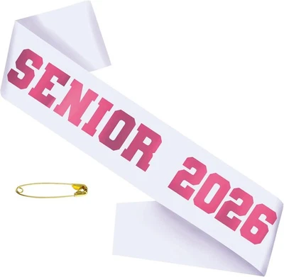 Senior 2026 Sash with Hot Pink Foil,白色 2026 级 +  — 第 1/4 张图片