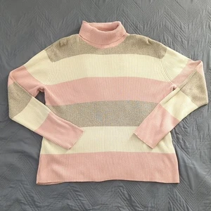 Liz & Co Women’s XL Ribbed 100% Cotton Turtleneck Sweater Pink Taupe Stripe - Picture 1 of 6