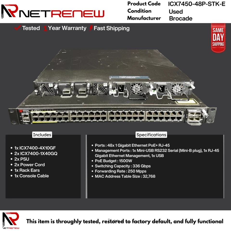 Ruckus Brocade ICX7450-48P-STK-E 48x 1 GB PoE+ RJ45 Switch 2×40 GbE QSFP+ - Image 1 of 1