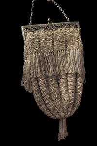 Antique Art Deco Beaded Evening Purse Silver Gray Silk Iridescent Fringe 1920’s - Picture 1 of 24