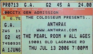 Anthrax Konzert Ticket Stub The Pearl Room Mokena Chicago Musik Veranstaltungsort 13.07.2006 - Bild 1 von 2
