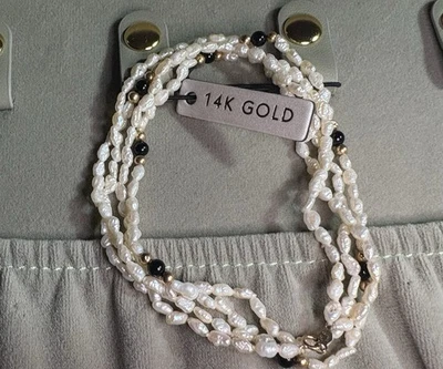 14k Gelbgold Süßwasser Onyx Doppelschnur 16" Halskette 9,6 g oder Armband 5,2 mm - Bild 1 von 4