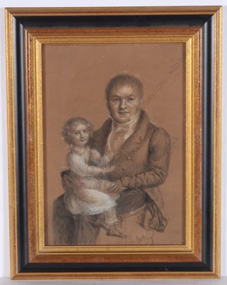 Jean Baptist Motin (1789-1855) "Retrato de un caballero con niño", dibujo Foto 1 de 4
