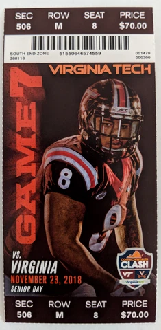 2018 Virginia Tech vs Virginia Ticket Stub 11/23/2018 Cover