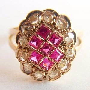 Antiker Ring 18K Gold, Diamanten im Rosenschliff & synthetische Rubine - sehr schön - Bild 1 von 11