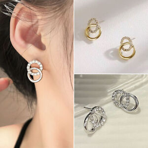 Geometric Gold Silver Plated Double Circle Crystal Earrings Stud Women Jewellery