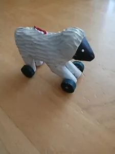 Old Wooden Sheep Christmas Ornament. Black & White With Green Wheels & Red - Picture 1 of 6