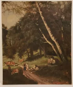 Antique Oil Painting on Masonite Landscape Cows By Trail Dated 1913 (33" x 28") - Picture 1 of 11