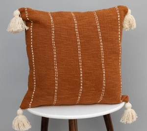 Rust Throw Pillow Cover | Hand Kantha Embroidery Throw Cushion Cover - - Picture 1 of 3