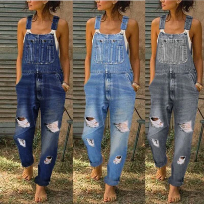 Damen Jeans Latzhose Overall Strampler Zerrissen Lätzchen Lang Freizeitho ↷ - Bild 1 von 4