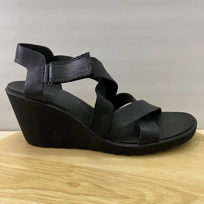 Ecco Freja Women’s 10-10.5 / EU 41 Black Leather Wedge Sandals Adjustable Straps - Image 1 of 4