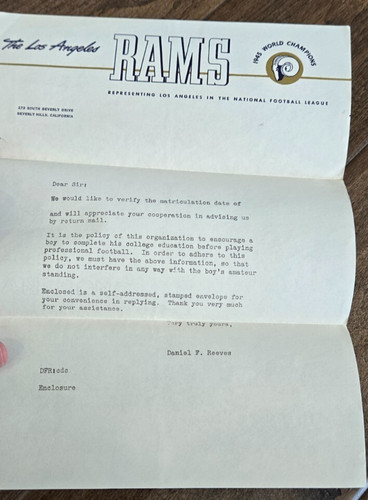1946 DAN REEVES OWNER LOS ANGELES RAMS ORIGINAL LETTER TO COLLEGE ...