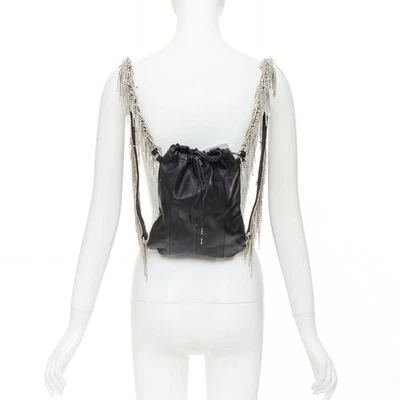 KARA black leather white logo strass fringe crystal mini backpack bag - Image 1 of 4
