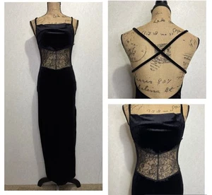 Vintage 90's Y2K Black Velvet Lace Sheer Grunge Whimsigoth Fairy Maxi Dress MED - Picture 1 of 9