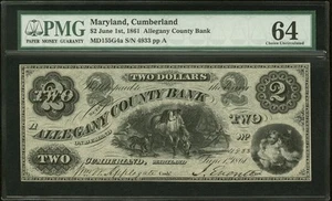 PMG 64 1861 MARYLAND Cumberland 2 $ Banknote Bürgerkrieg Allegany Bankwährung - Bild 1 von 6