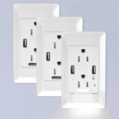 Tomada de parede com porta USB luzes noturnas sensor liga/desliga automático receptáculos branco 3 peças - Imagem 1 de 4