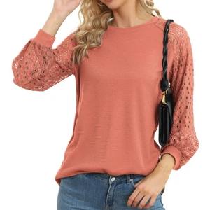 Hollow Lace Splicing Long Sleeve Shirt Women Fashionable Loose Casual Pure C GDM - Picture 1 of 27