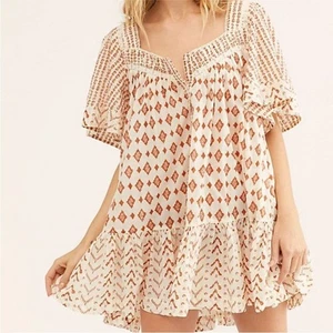 Free People Hearts Desire Printed Mini Dress Brown Cream Bohemian size XS - Picture 1 of 7
