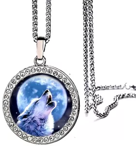 Wolf Howling at The Moon Pendant Necklace on 18" Stainless Steel Chain - Picture 1 of 4