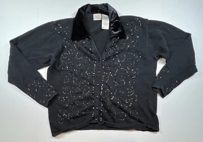Kathie Lee Collection Women’s Cardigan Black Beaded Sweater Size Large Velvet Foto 1 de 4