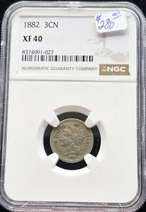 1882 3CN NGC XF 40 Nickel Three-Cent Piece - Picture 1 of 2