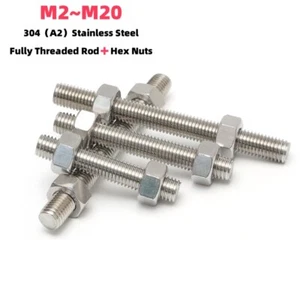 A2 Stainless M2M2.5M3M4M5M6~M20 Fully Threaded Rod Stud Bar Studding & Full Nuts - Picture 1 of 5