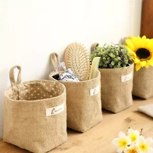 Jute Cotton Linen Bag Desktop Storage Basket Hanging Pocket Small Sack Sundries - Picture 1 of 17