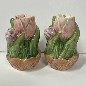 OCI Salt & Pepper Shakers Pink Yellow Purple Rosebuds Made In Sri Lanka - Picture 1 of 10