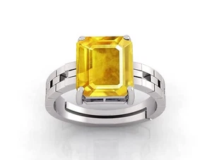 Emerald Cut 5 Carat Natural Yellow Sapphire Pukhraj Gemstone Silver Plated Ring - Picture 1 of 3