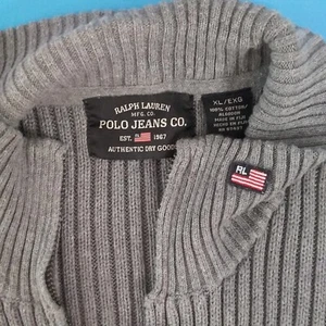 EUC Polo Jeans Ralph Lauren Gray White Ribbed Knit LS Cardigan Sweater Sz XL - Picture 1 of 10