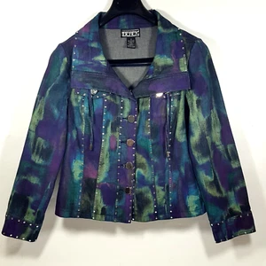 Berek Womens Denim Jacket Button Blue Purple Green Gray Short Medium M - Picture 1 of 9