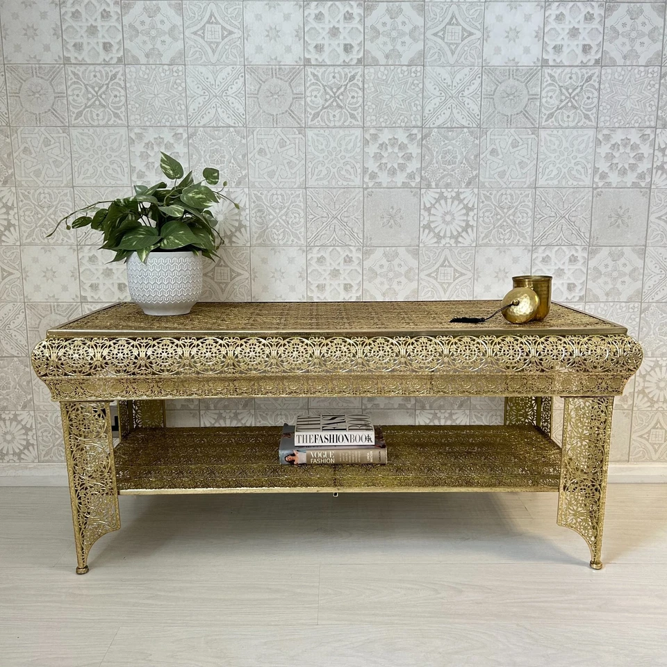 DOWNTON INTERIORS Gold Coffee Table With Shelf Embossed Metal Moroccan Style (GZ427)