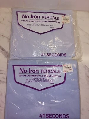 Vtg Springs No Iron Percale Double Full Fitted & Flat Sheets Blue #1 Seconds  - Image 1 of 4