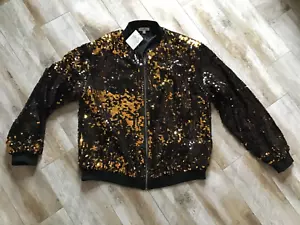 Gee Gee Bomberjacke schwarz und gold Damen mit durchgehendem Reißverschluss Pailletten Größe L - Neu mit Etikett - Bild 1 von 6