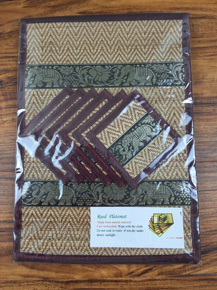 Thai Elephant Silk Reed Handmade Placemat and Coaster Set of 6 NEW - Image 1 of 4