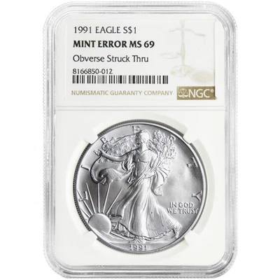1991 $1 American Silver Eagle NGC MS69 Mint Error Obverse Strike Thru - Image 1 of 2
