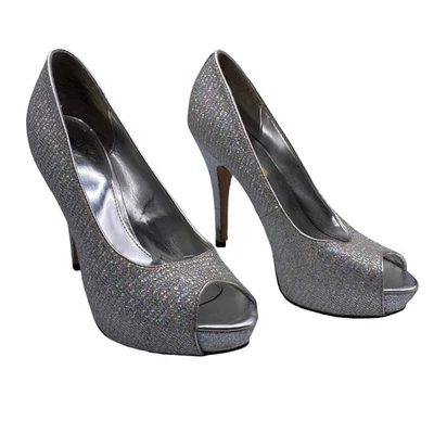 Worthington Women Metallic Silver Glittery Peep Toe Stiletto Heeled Pumps 7M - Image 1 of 4