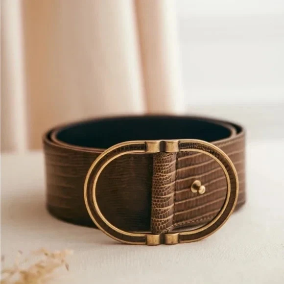 Sezane Fetiche in Tea Taupe Lizard Embossed Leather Waist Belt 90 cm