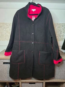 Susan Graver Black Red Trim Coat XL Women's Full Length Button Front Pockets New - Picture 1 of 5