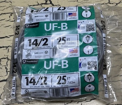 Southwire Outdoor Copper Wire Type UF-B 14/2 With Ground 25ft 600 Volt New USA - Image 1 of 4