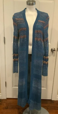 Cardigã de malha listrado de malha longo azul, marrom e bronzeado, tamanho grande - Imagem 1 de 4