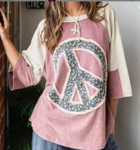 PEACE SIGN PATCH MINERAL WASHED COLOR BLOCK TOP NWT Mitto Brand s/m - Picture 1 of 2