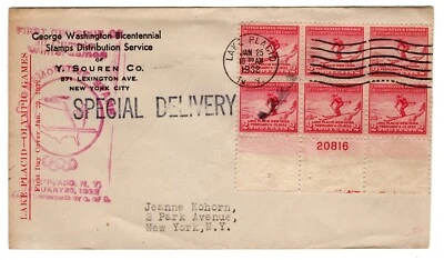 #716 Lake Placid Olympics First Day Cover 1932 - Souren Plate Block/6 Planty #29 - Image 1 of 2