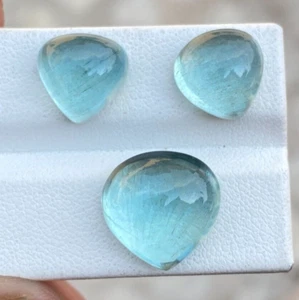 Beautiful 3 Piece Set Natural Top Color Aquamarine Heart Shape Cabochon 21.32 CT - Picture 1 of 7