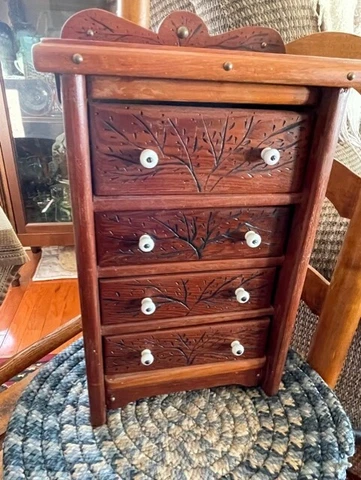 Vintage Antique Hand Made Wooden Multi Drawer Hanging Cabinet Carved Studded Cover