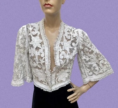 ANTIQUE Vtg 1910 EDWARDIAN Bridal White HAND-MADE IRISH CROCHET Appliqué Jacket - Image 1 of 4