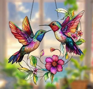 SUNCATCHER-Hummingbirds in Flight, Colorful Window Hanging Decor 8 x 8 - Picture 1 of 6