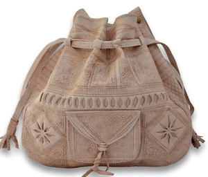 Shoulder Drawstring Bucket Bag Natural Undyed Leather Moroccan *HANDMADE* Large - Picture 1 of 7